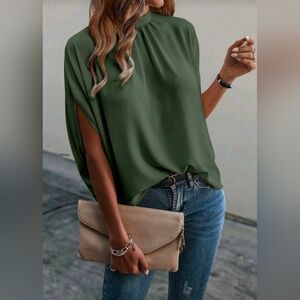 New Luxe Flowy Tie Dolman Sleeve Top Blouse Olive Green
